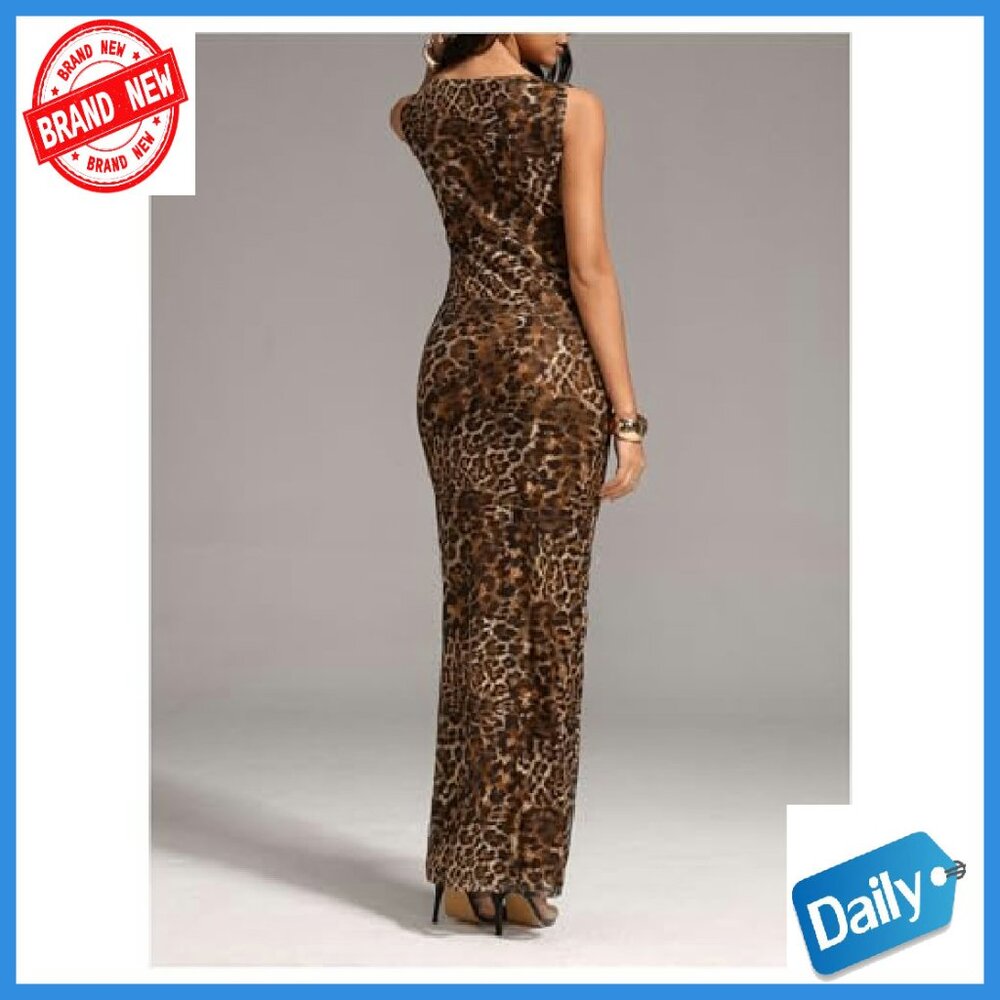 Leopard Print Maxi Dress Sleeveless Bodycon Party Club Tank - Picture 3 of 6